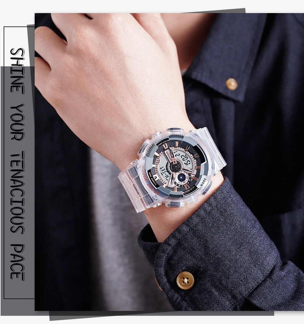 Fashion Sanda Top Brand Women Transparent Watches Waterproof Multi-function Luminous Sports Double Display Couple ElectronicBr