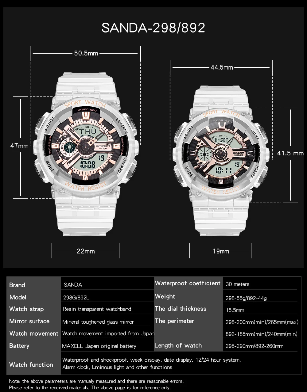 Fashion Sanda Top Brand Women Transparent Watches Waterproof Multi-function Luminous Sports Double Display Couple ElectronicBr