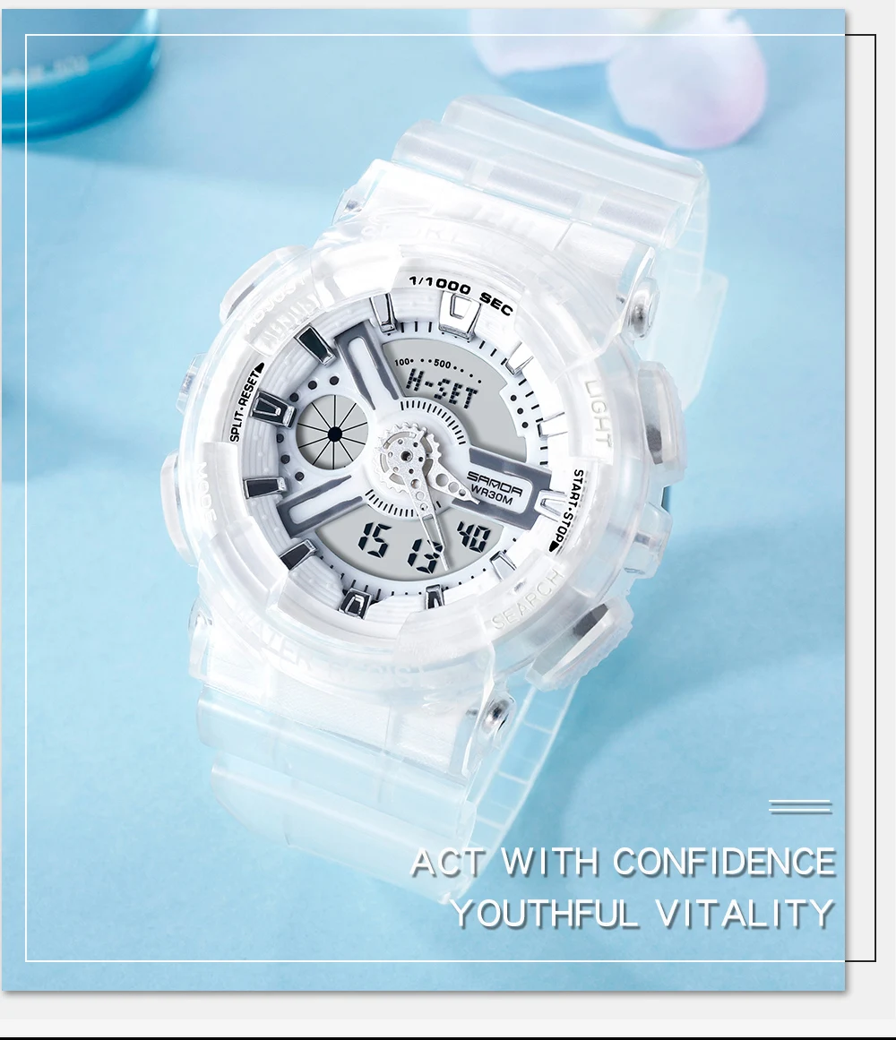 Fashion Sanda Top Brand Women Transparent Watches Waterproof Multi-function Luminous Sports Double Display Couple ElectronicBr