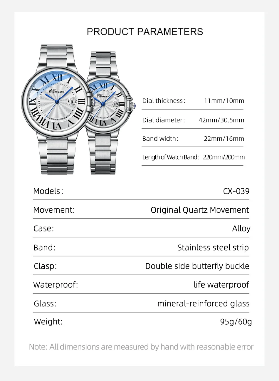 CHENXI 039 Couple Exquisite Watch Quartz Top Brand Luxury Fashion Stainless Steel Silver White Male and Female Couple Watch Gift