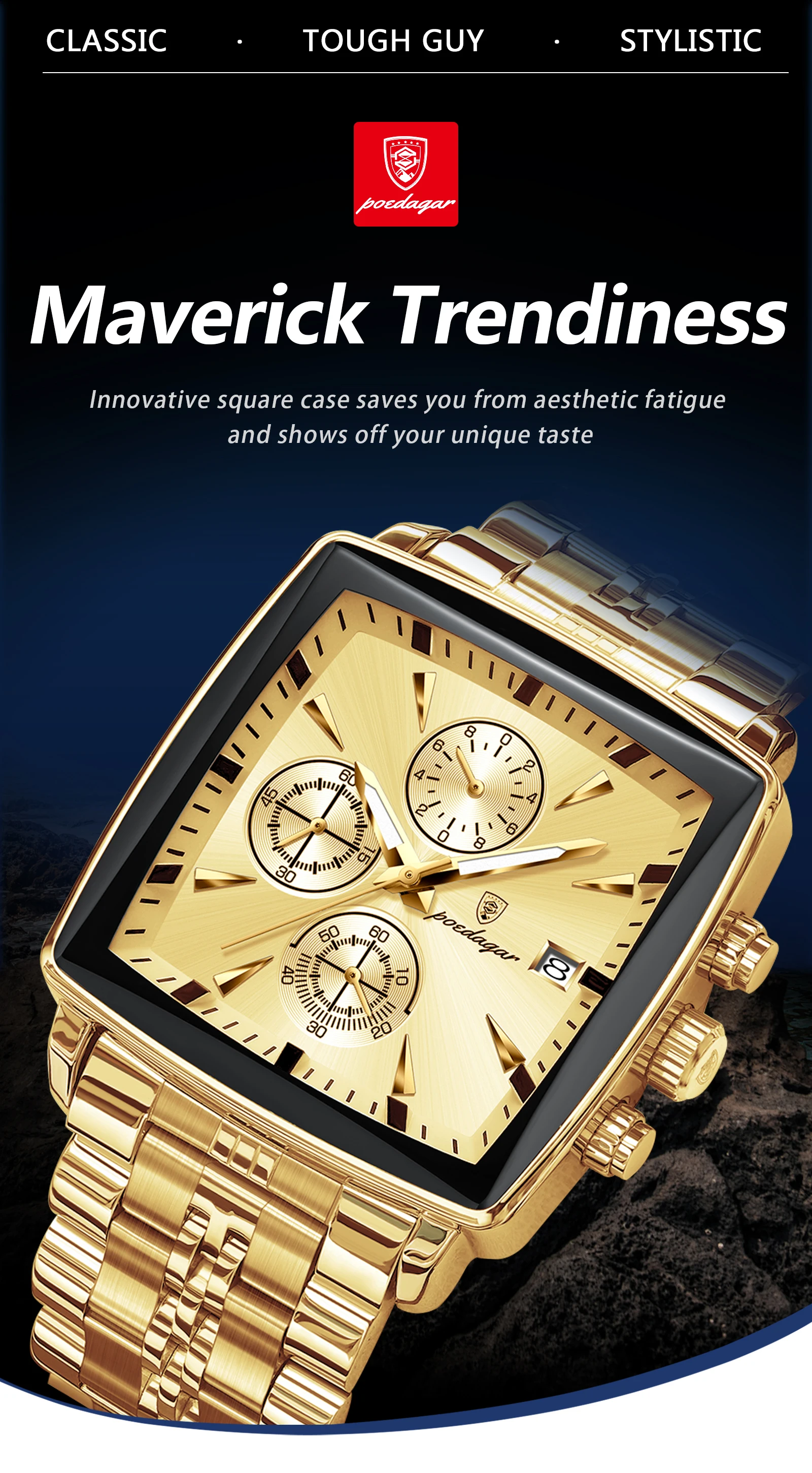 POEDAGAR Fashion Love Wristwatch Chronograph Date Stainless Steel Men Clock For Husband Waterproof Luminous Men's Quartz Watches