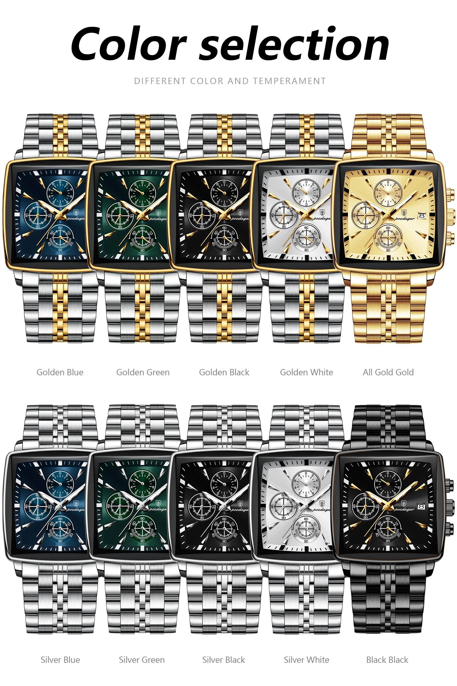 POEDAGAR Fashion Love Wristwatch Chronograph Date Stainless Steel Men Clock For Husband Waterproof Luminous Men's Quartz Watches