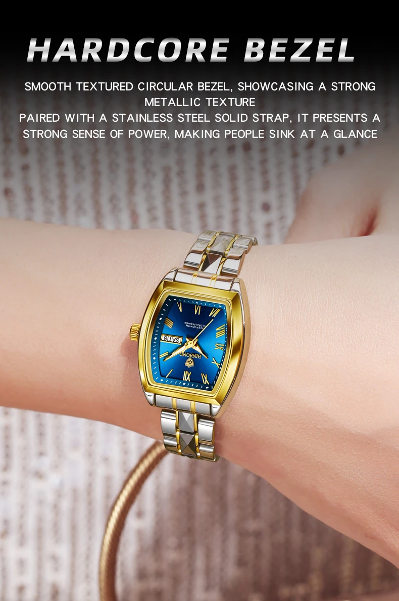 BINBOND 2pcs Couple Watches Fashion Square Quartz Watch for Lover Wateproof Luminous Date Week Men Ladies Valentine Wristwatch