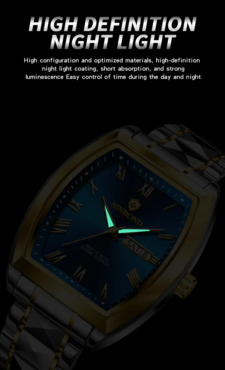 BINBOND 2pcs Couple Watches Fashion Square Quartz Watch for Lover Wateproof Luminous Date Week Men Ladies Valentine Wristwatch