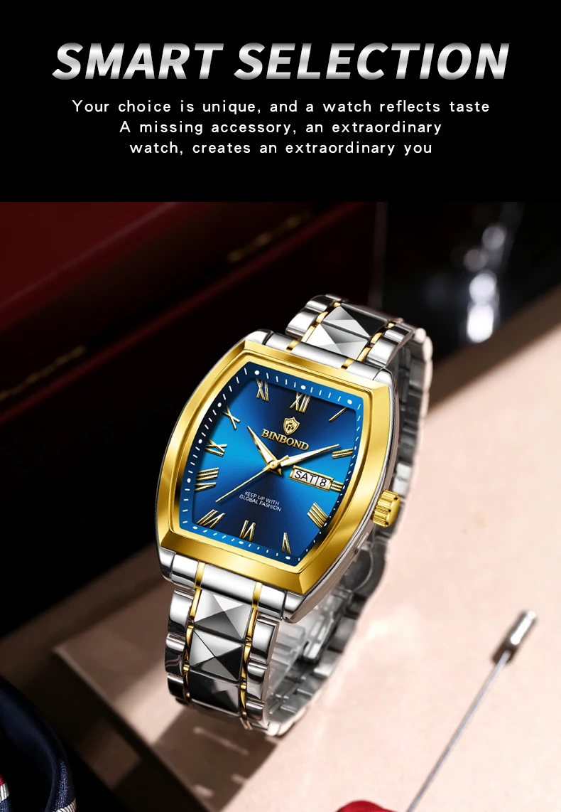 BINBOND 2pcs Couple Watches Fashion Square Quartz Watch for Lover Wateproof Luminous Date Week Men Ladies Valentine Wristwatch