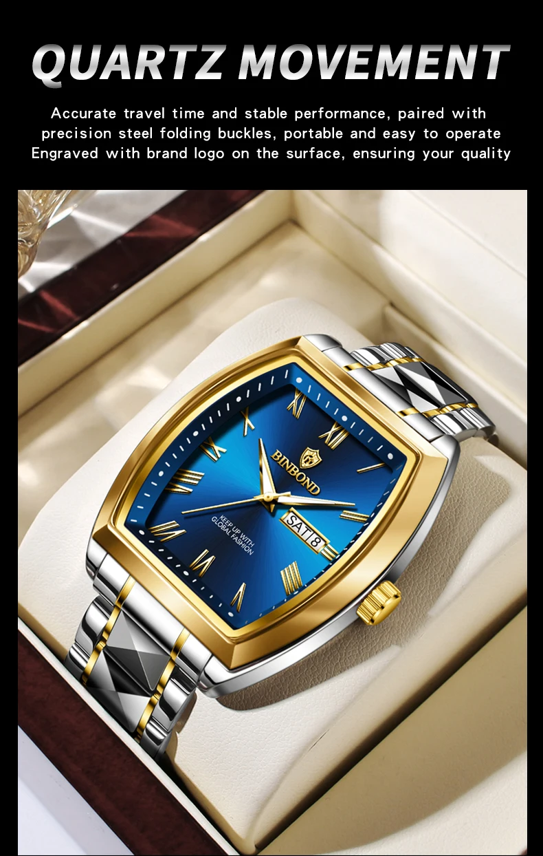 BINBOND 2pcs Couple Watches Fashion Square Quartz Watch for Lover Wateproof Luminous Date Week Men Ladies Valentine Wristwatch
