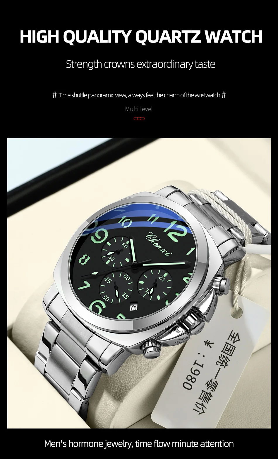 CHENXI Business Luxury Men's Quartz Watch Waterproof Stainless Steel Luminous Display Chronograph Week Date Wristwatch for Men