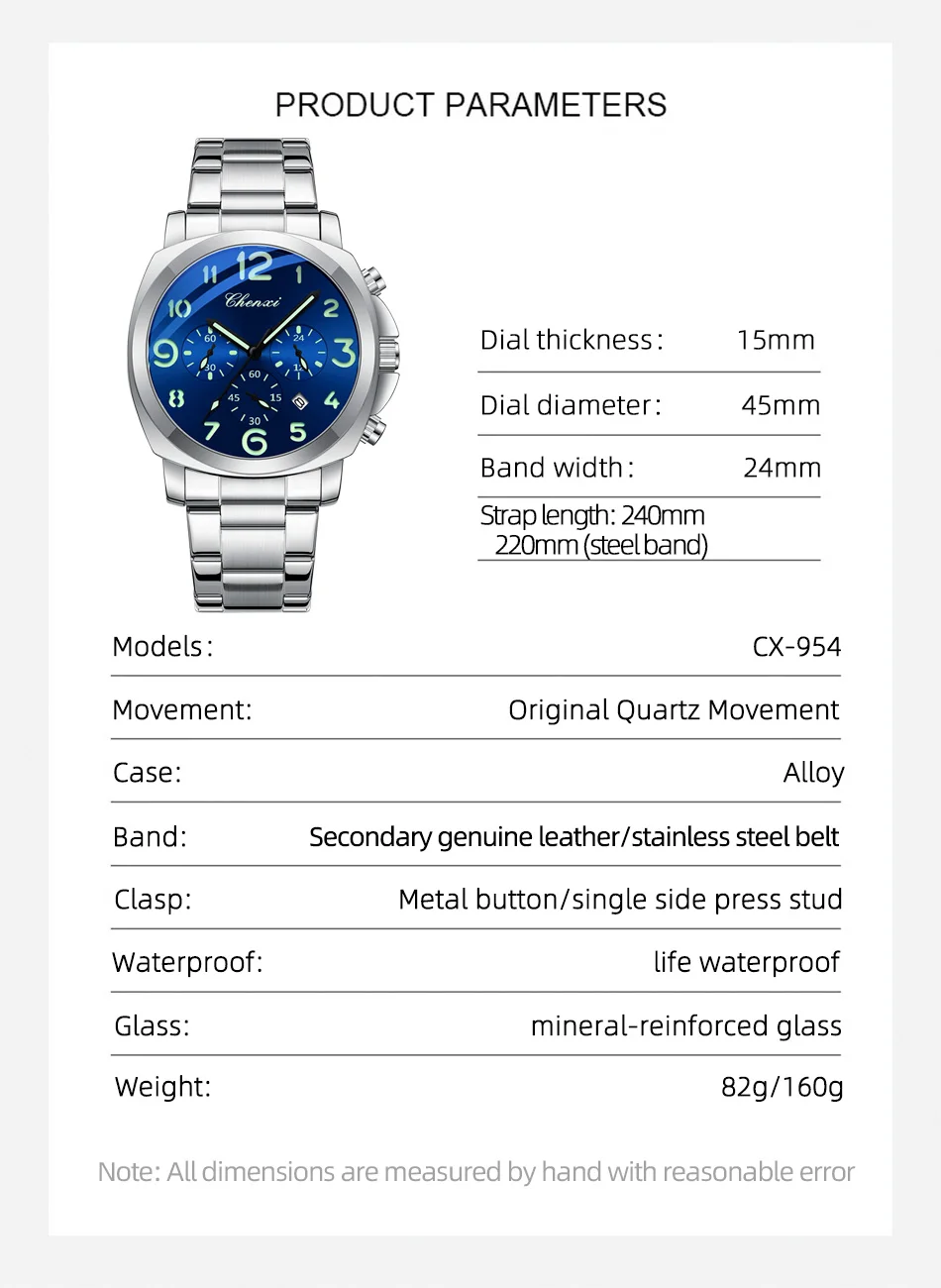 CHENXI Business Luxury Men's Quartz Watch Waterproof Stainless Steel Luminous Display Chronograph Week Date Wristwatch for Men