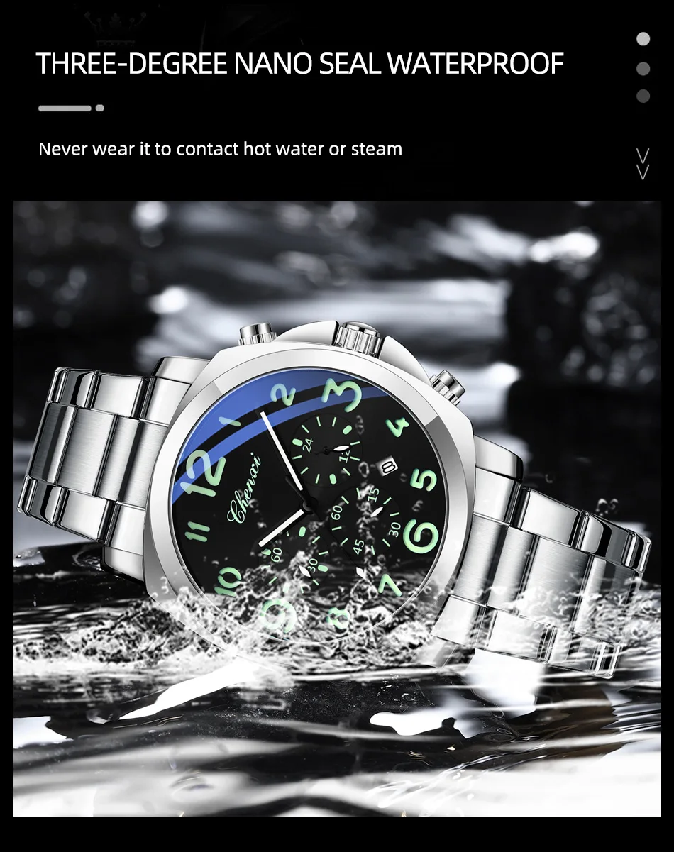 CHENXI Business Luxury Men's Quartz Watch Waterproof Stainless Steel Luminous Display Chronograph Week Date Wristwatch for Men