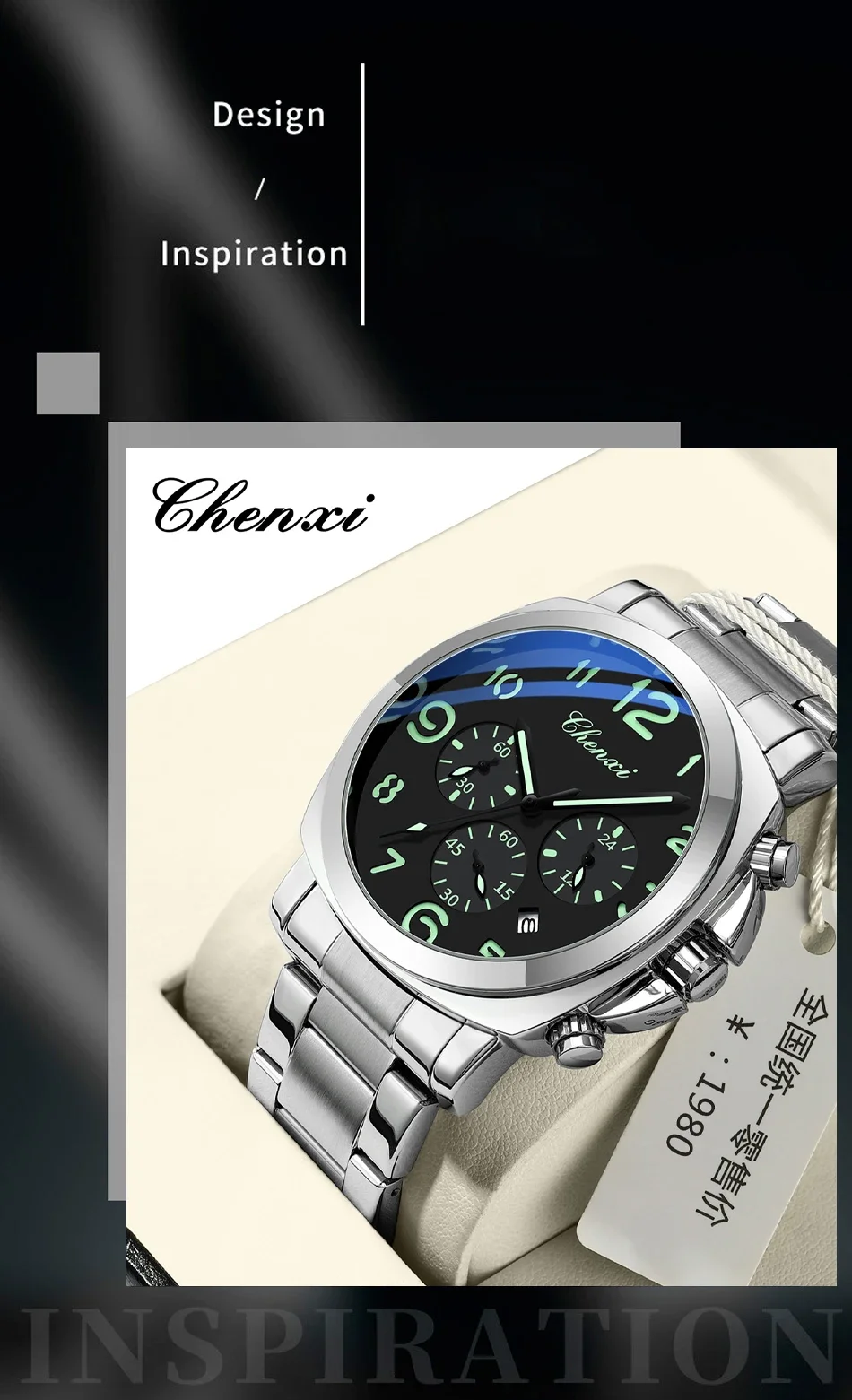 CHENXI Business Luxury Men's Quartz Watch Waterproof Stainless Steel Luminous Display Chronograph Week Date Wristwatch for Men