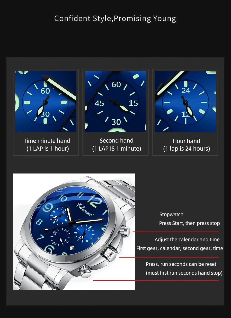 CHENXI Business Luxury Men's Quartz Watch Waterproof Stainless Steel Luminous Display Chronograph Week Date Wristwatch for Men