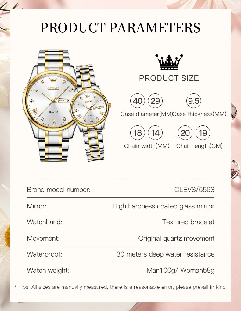 OLEVS 5563 Couple Watches Luxury Original Fashion Brand Waterproof Luminous Quartz Watch Dual Calendar Design For Date Sport