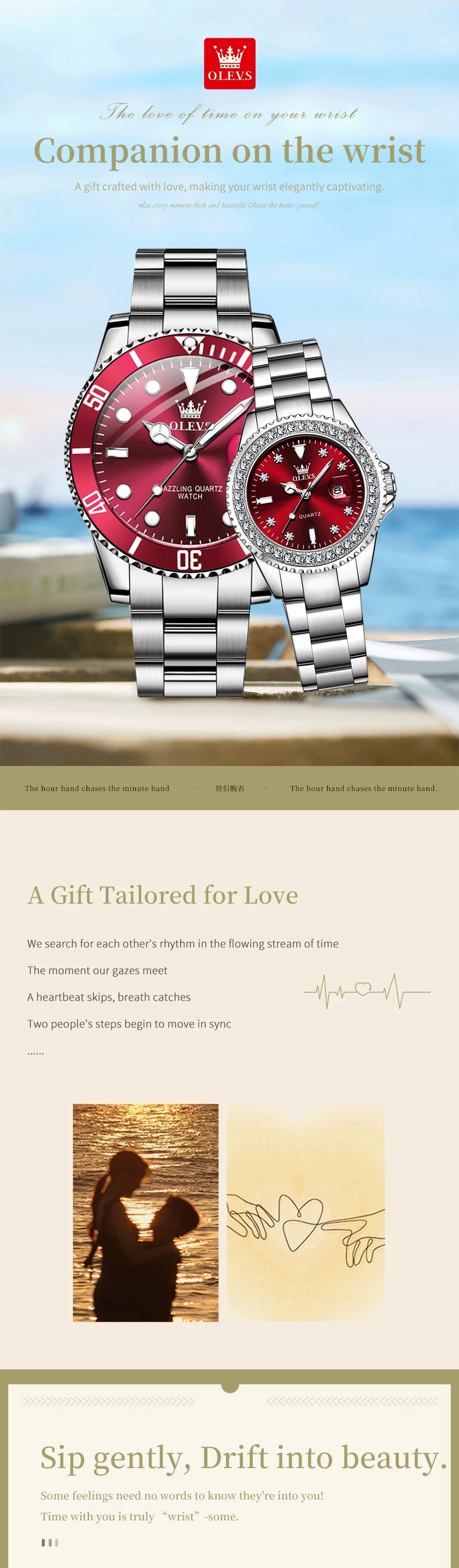 OLEVS Couple Watches Luxury Fashion Stainless Steel Original Quartz Wristwatch for Lover Waterproof Luminous Big Date Gift Box