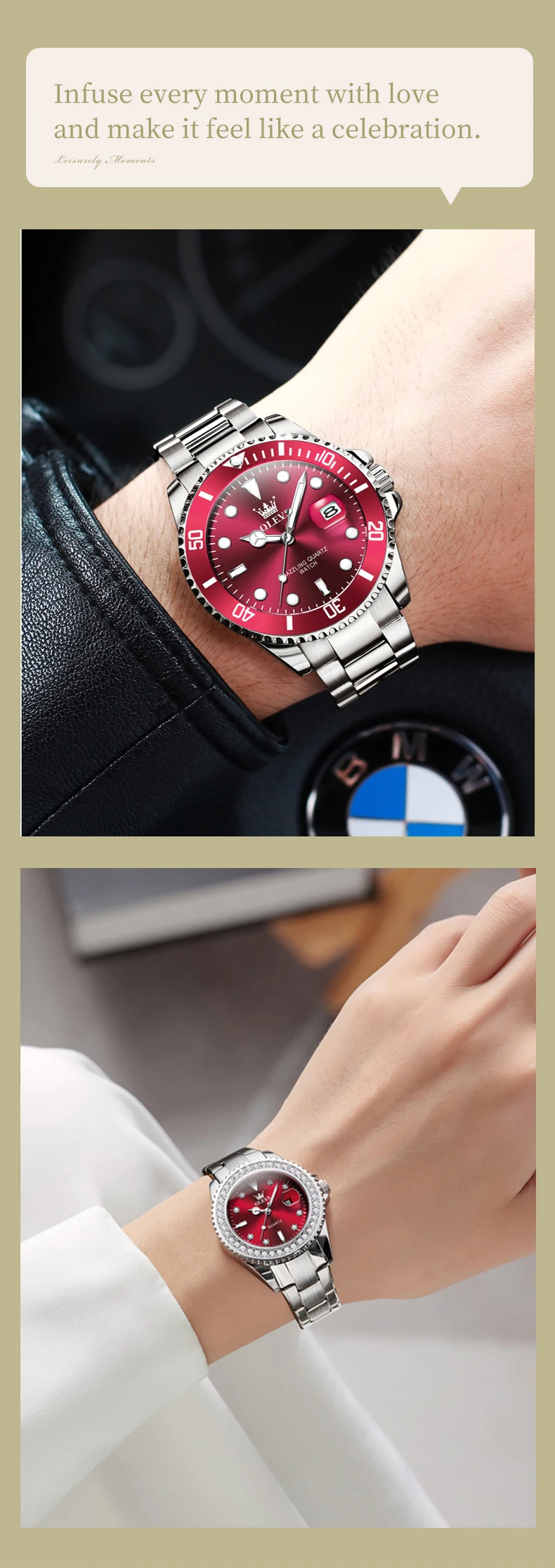 OLEVS Couple Watches Luxury Fashion Stainless Steel Original Quartz Wristwatch for Lover Waterproof Luminous Big Date Gift Box