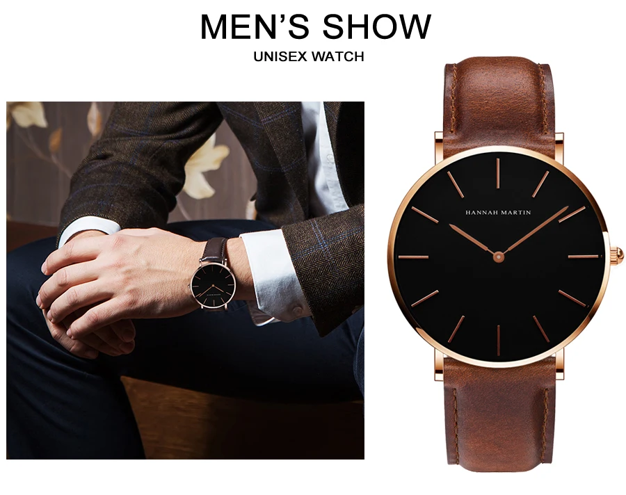 HANNAH MARTIN Quartz Watch 3Pc Wholesale (OEM/ODM) Factory Original 40mm Quartz Fashion Black Leather Unisex Watch Dropshipping