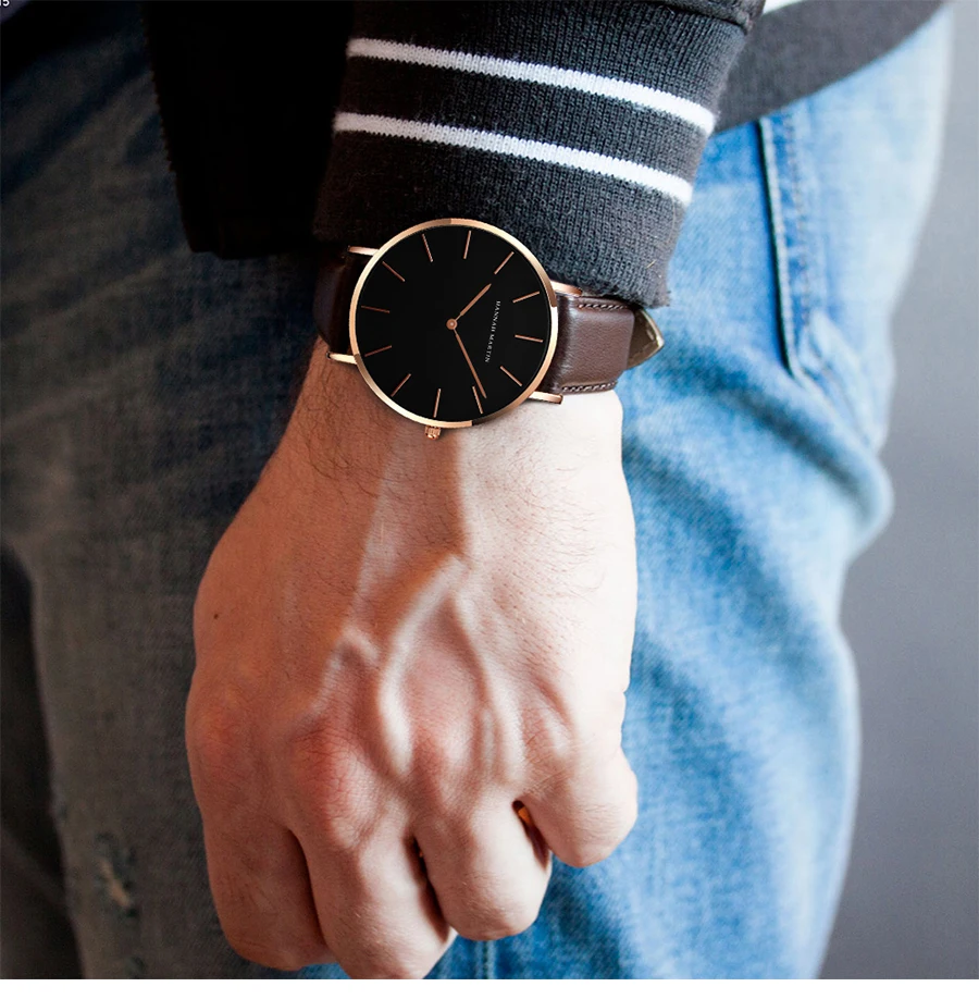 HANNAH MARTIN Quartz Watch 3Pc Wholesale (OEM/ODM) Factory Original 40mm Quartz Fashion Black Leather Unisex Watch Dropshipping