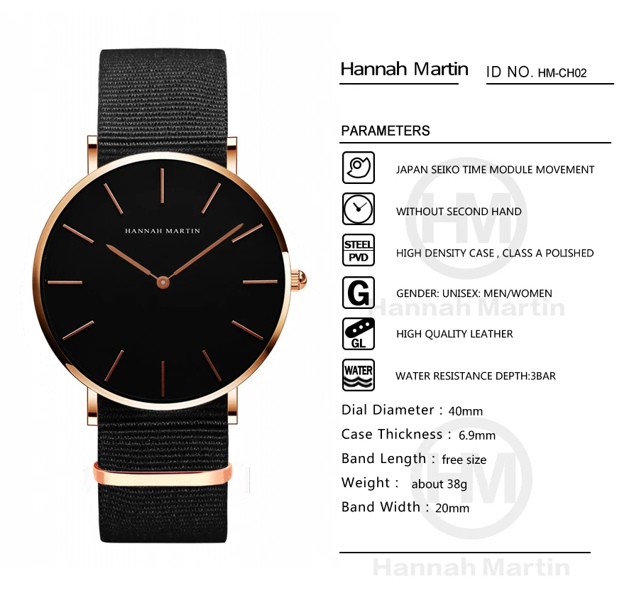 HANNAH MARTIN Quartz Watch 3Pc Wholesale (OEM/ODM) Factory Original 40mm Quartz Fashion Black Leather Unisex Watch Dropshipping