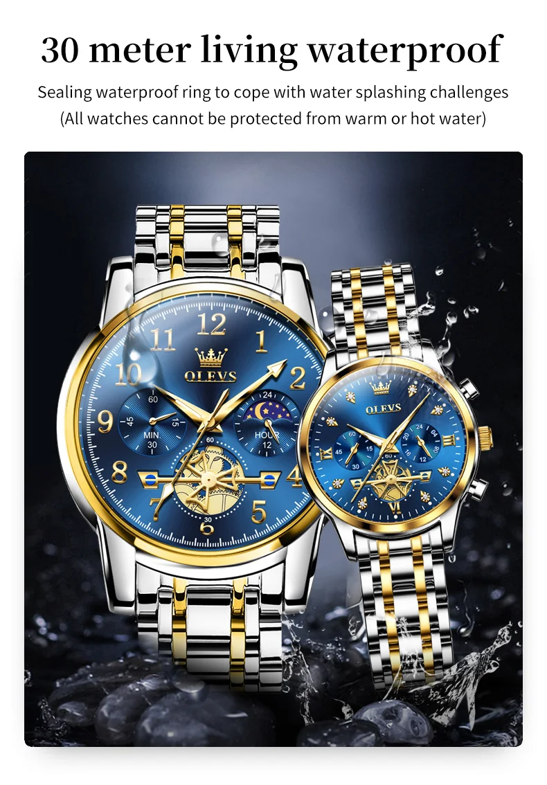 OLEVS Brand 2025 New Luxury Tourbillon Couple Quartz Watch Stainless Steel Waterproof Luminous Fashion Moon Phase Watches Lovers
