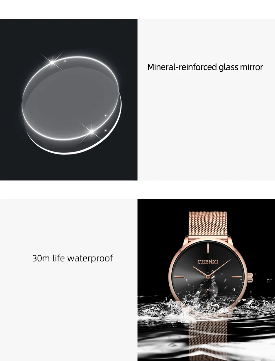 CHENXI Luxury Waterproof Men Women Quartz Watch Fashion Casual Stainless Steel Mesh Belt Couple Premium Wristwatch for Gift