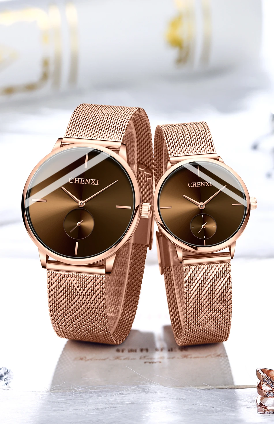 CHENXI Luxury Waterproof Men Women Quartz Watch Fashion Casual Stainless Steel Mesh Belt Couple Premium Wristwatch for Gift