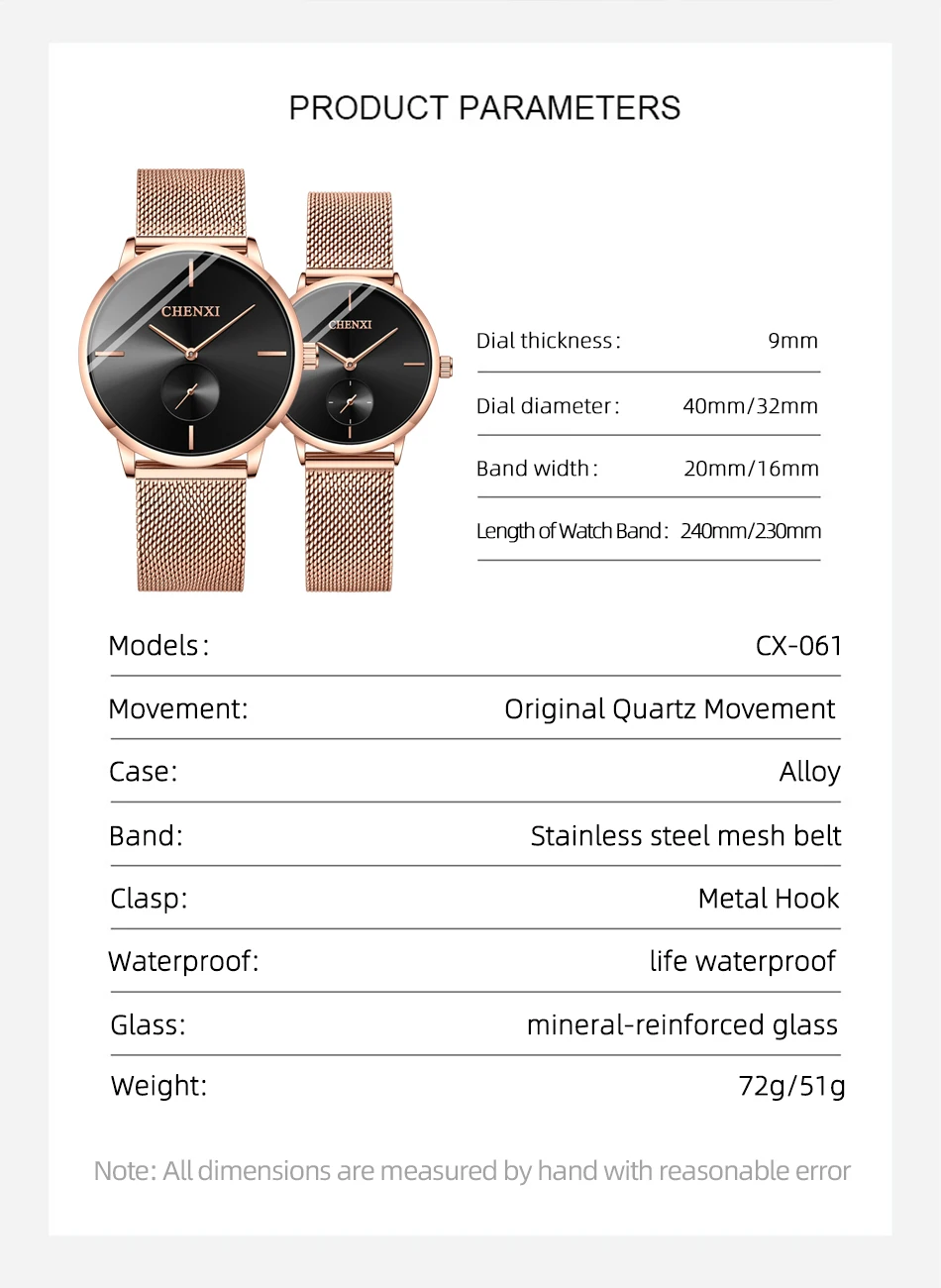 CHENXI Luxury Waterproof Men Women Quartz Watch Fashion Casual Stainless Steel Mesh Belt Couple Premium Wristwatch for Gift