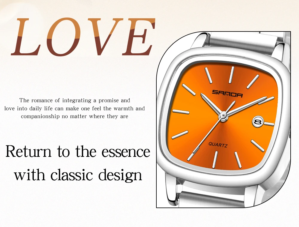 Sanda 2026 Couple Quartz Watch Men's and Women's Square Watch 3ATM Waterproof Calendar Simple and Elegant Women's Watch 3278