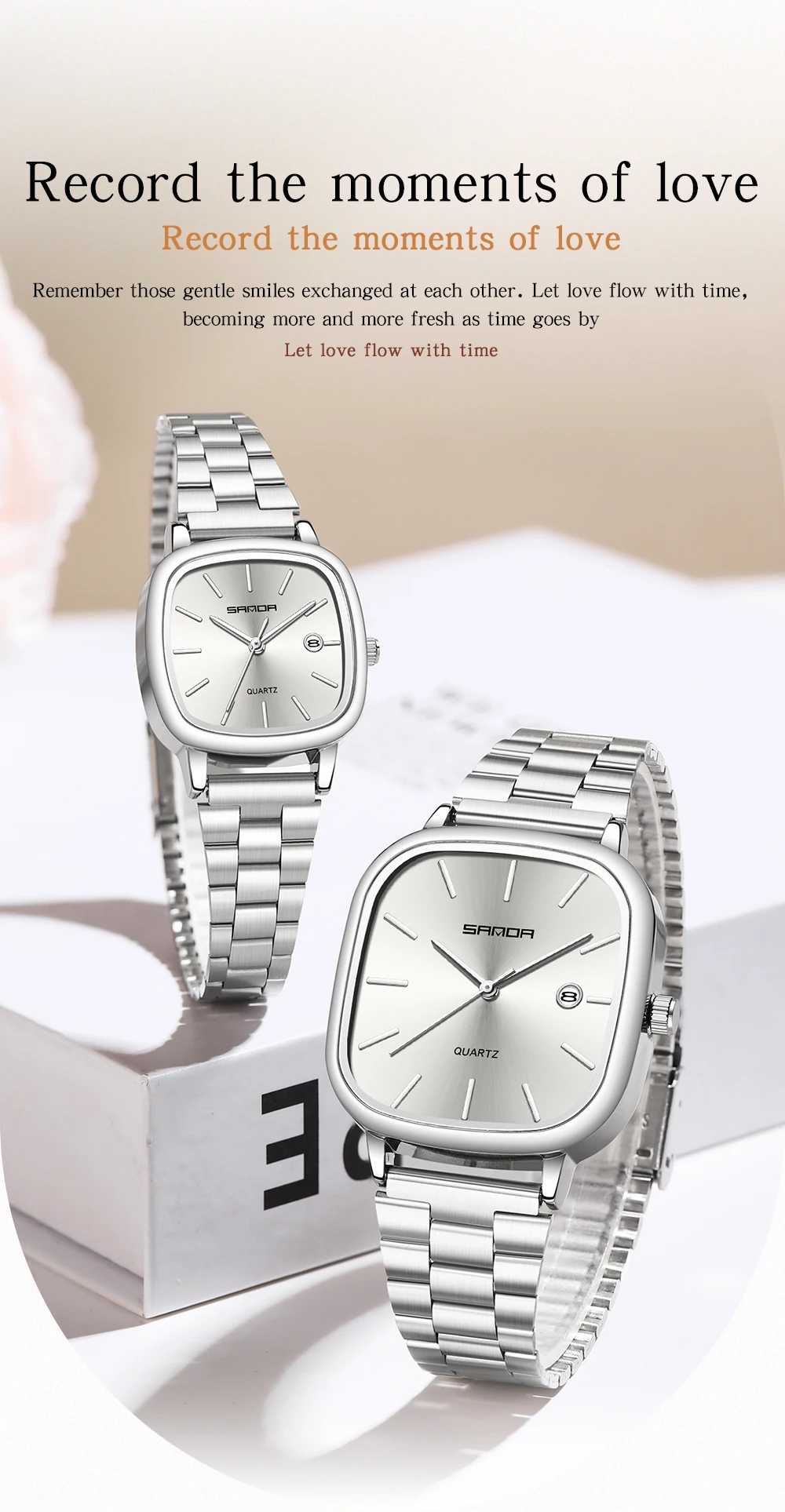 Sanda 2026 Couple Quartz Watch Men's and Women's Square Watch 3ATM Waterproof Calendar Simple and Elegant Women's Watch 3278