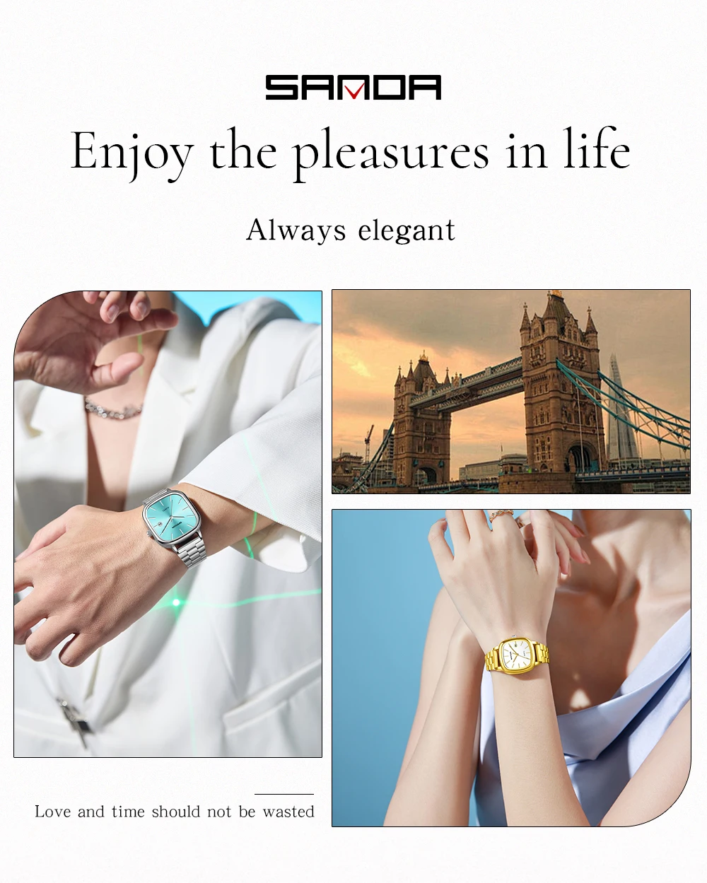 Sanda 2026 Couple Quartz Watch Men's and Women's Square Watch 3ATM Waterproof Calendar Simple and Elegant Women's Watch 3278