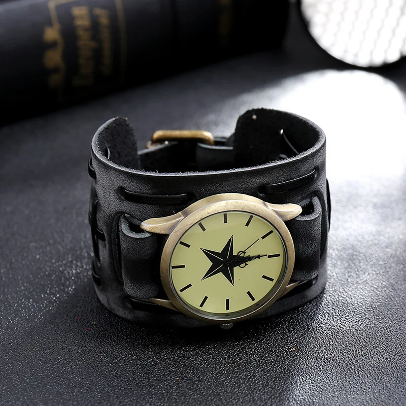 2025 Men's Watches Genuine Leather Watchband Quartz Watch For Men Alloy Dial Punk Style Wristwatch