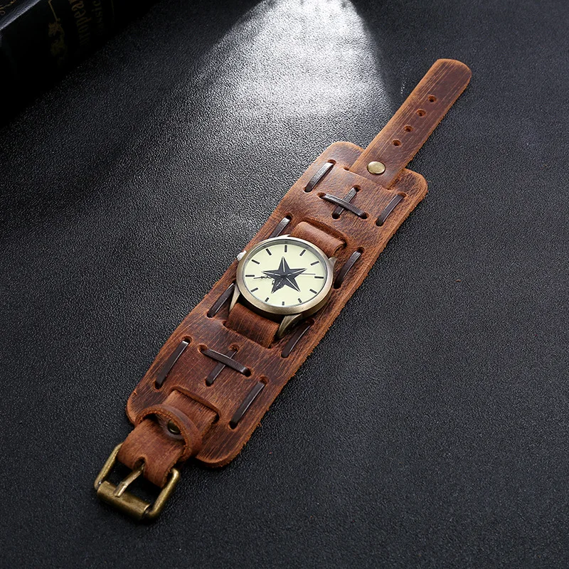 2025 Men's Watches Genuine Leather Watchband Quartz Watch For Men Alloy Dial Punk Style Wristwatch