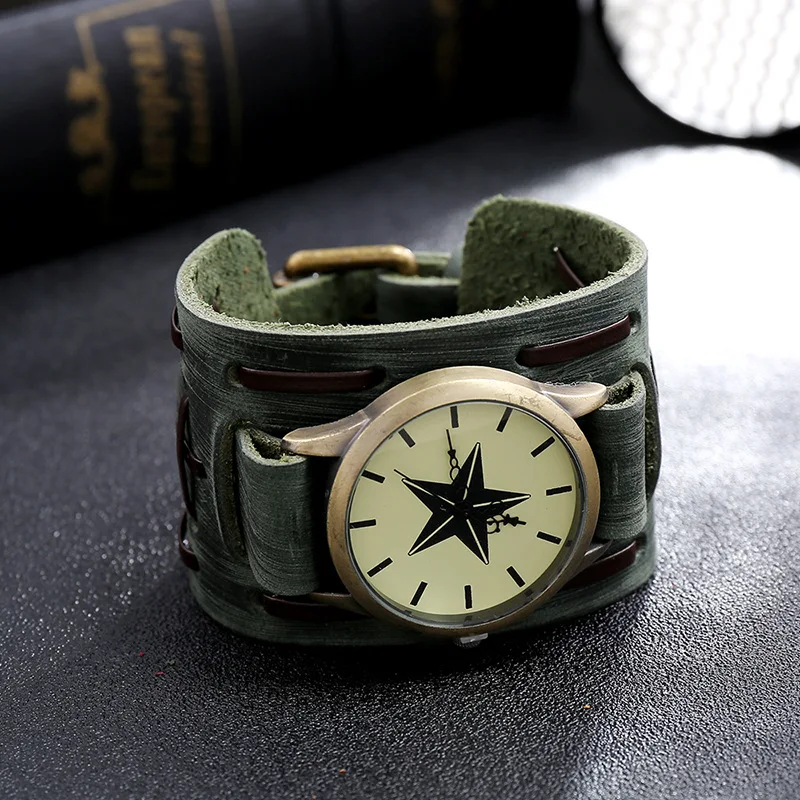 2025 Men's Watches Genuine Leather Watchband Quartz Watch For Men Alloy Dial Punk Style Wristwatch