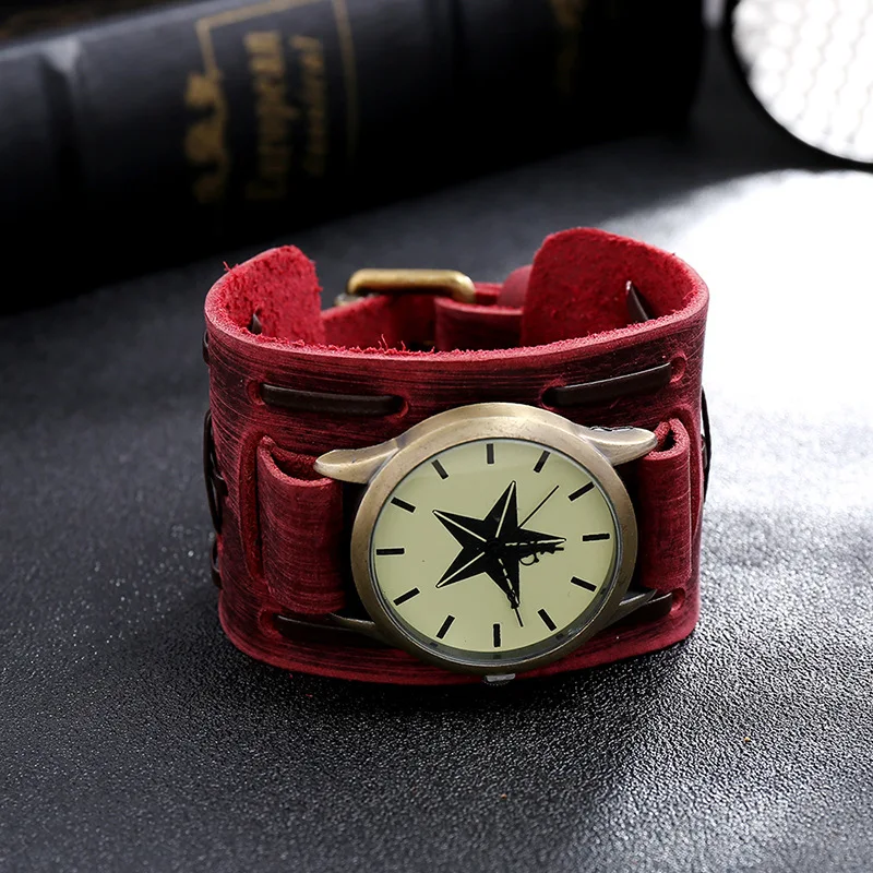 2025 Men's Watches Genuine Leather Watchband Quartz Watch For Men Alloy Dial Punk Style Wristwatch