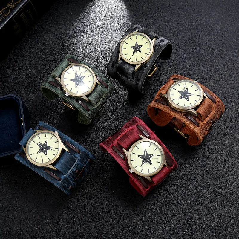 2025 Men's Watches Genuine Leather Watchband Quartz Watch For Men Alloy Dial Punk Style Wristwatch