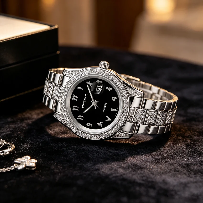 Fashionable Diamond-Encrusted Bracelet Watch with Arabic Numerals Casual Steel Band Watch for Men, Couple's Quartz Gift Women's