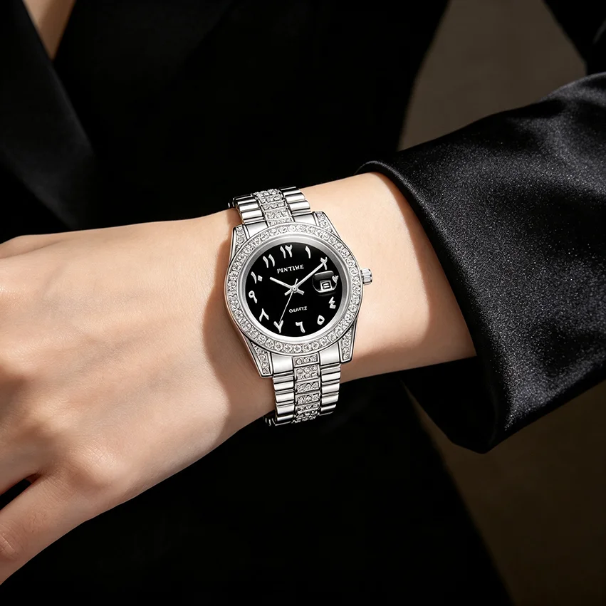 Fashionable Diamond-Encrusted Bracelet Watch with Arabic Numerals Casual Steel Band Watch for Men, Couple's Quartz Gift Women's