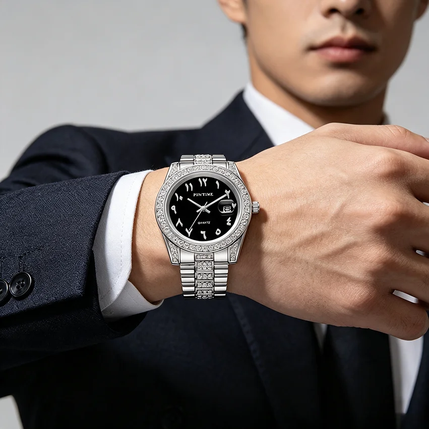 Fashionable Diamond-Encrusted Bracelet Watch with Arabic Numerals Casual Steel Band Watch for Men, Couple's Quartz Gift Women's