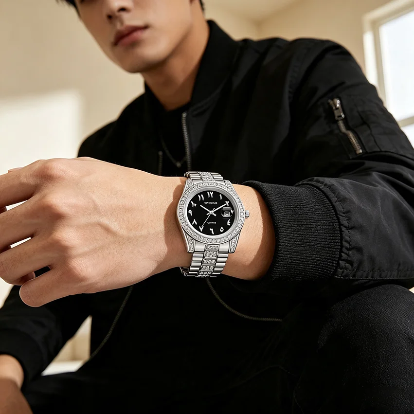 Fashionable Diamond-Encrusted Bracelet Watch with Arabic Numerals Casual Steel Band Watch for Men, Couple's Quartz Gift Women's