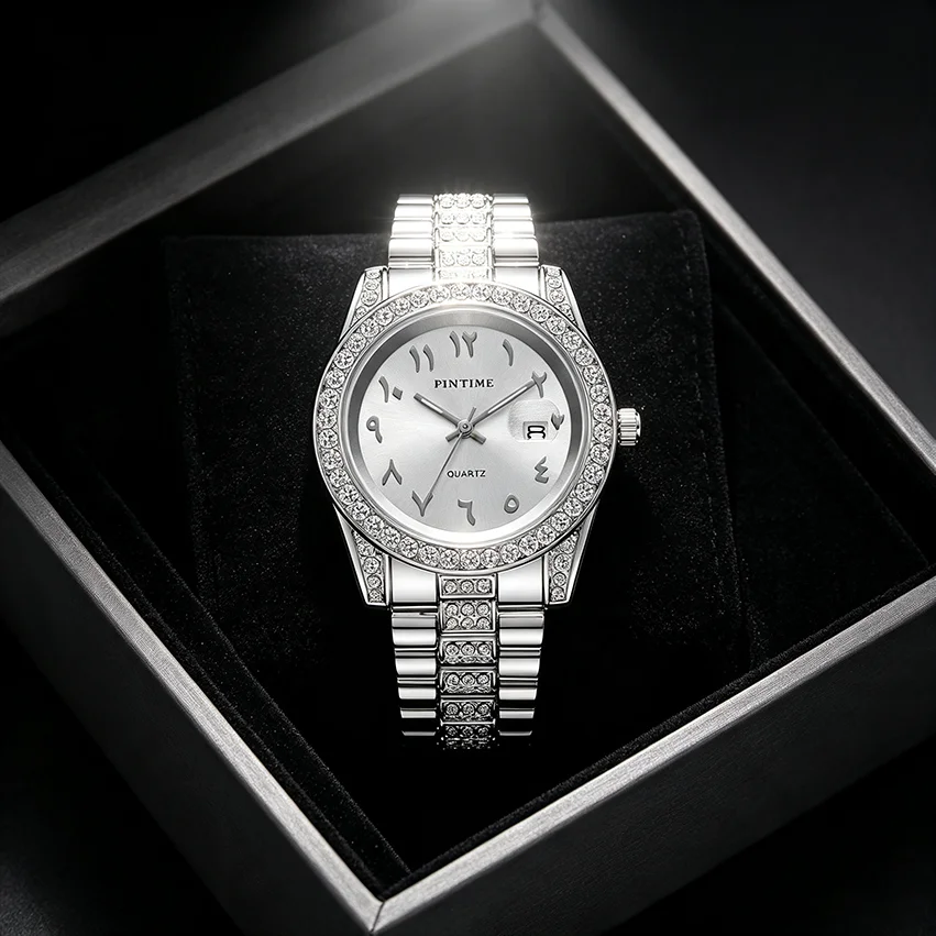 Fashionable Diamond-Encrusted Bracelet Watch with Arabic Numerals Casual Steel Band Watch for Men, Couple's Quartz Gift Women's