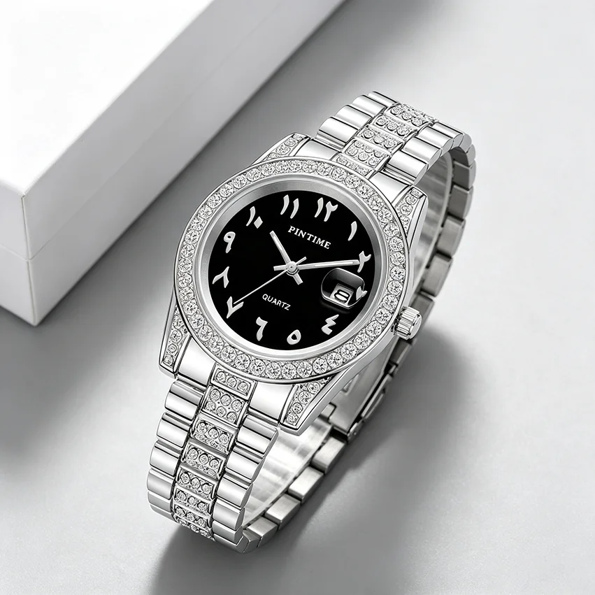 Fashionable Diamond-Encrusted Bracelet Watch with Arabic Numerals Casual Steel Band Watch for Men, Couple's Quartz Gift Women's