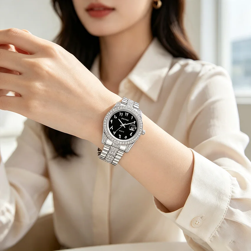 Fashionable Diamond-Encrusted Bracelet Watch with Arabic Numerals Casual Steel Band Watch for Men, Couple's Quartz Gift Women's