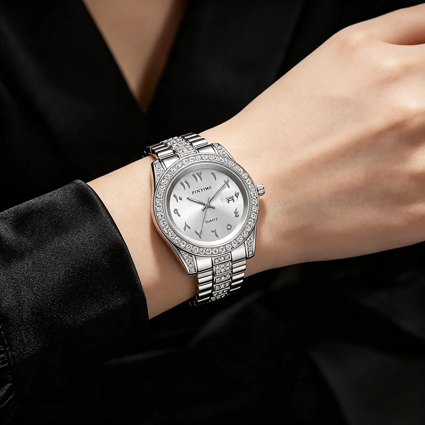 Fashionable Diamond-Encrusted Bracelet Watch with Arabic Numerals Casual Steel Band Watch for Men, Couple's Quartz Gift Women's