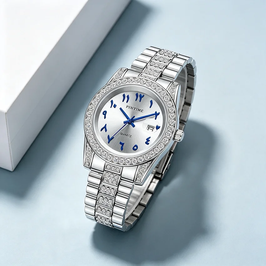 Fashionable Diamond-Encrusted Bracelet Watch with Arabic Numerals Casual Steel Band Watch for Men, Couple's Quartz Gift Women's