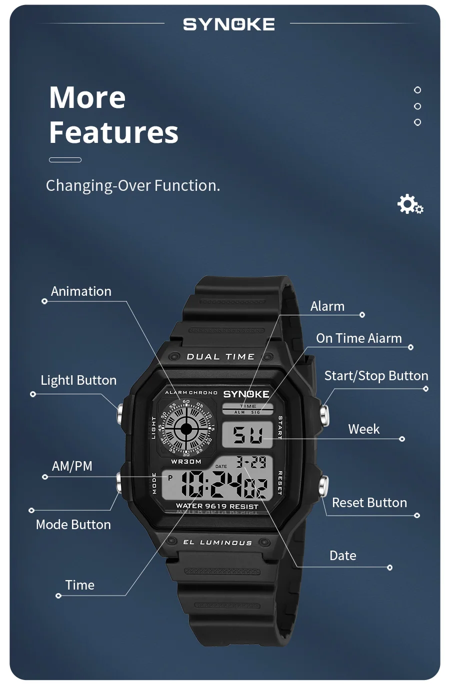SYNOKE Military Digital Watches Men Sports Luminous Chronograph Waterproof Male Electronic Wrist Watches Relogio Masculino