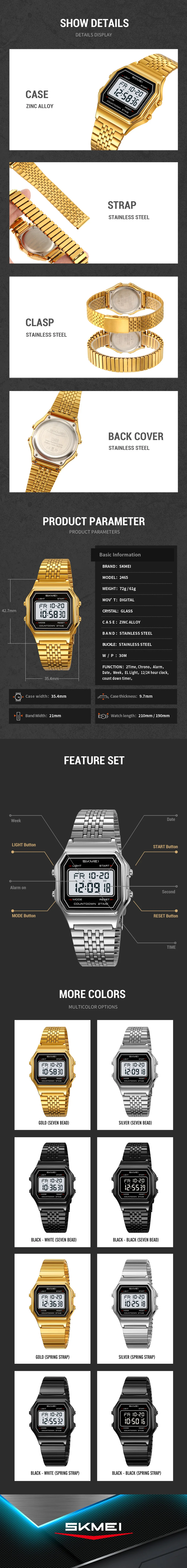 SKMEI 2465 Fashion Men Digital Watches Waterproof Male Luxury 2Time Wristwatch EL Backlight Alarm Clock Casual Office Week Date