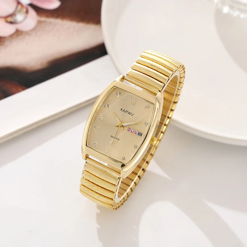Barrel-Shaped Diamond-Encrusted Dual Calendar Week Men's Watch Week Fashion Casual Business Quartz Couple Watch One Man and One Woman
