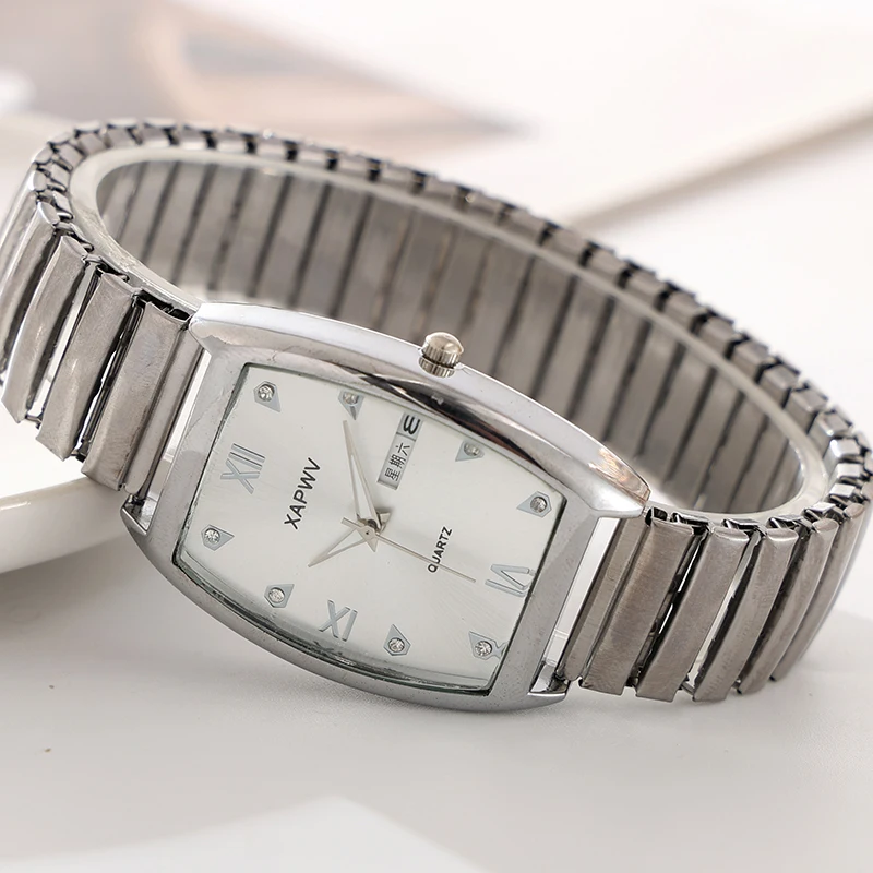 Barrel-Shaped Diamond-Encrusted Dual Calendar Week Men's Watch Week Fashion Casual Business Quartz Couple Watch One Man and One Woman