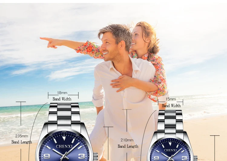 CHENXI Casual Fashion Couple Watch Stainless Strap Luminous Men's and Women's Classic Style Quartz Wristwatches Lover's Gift