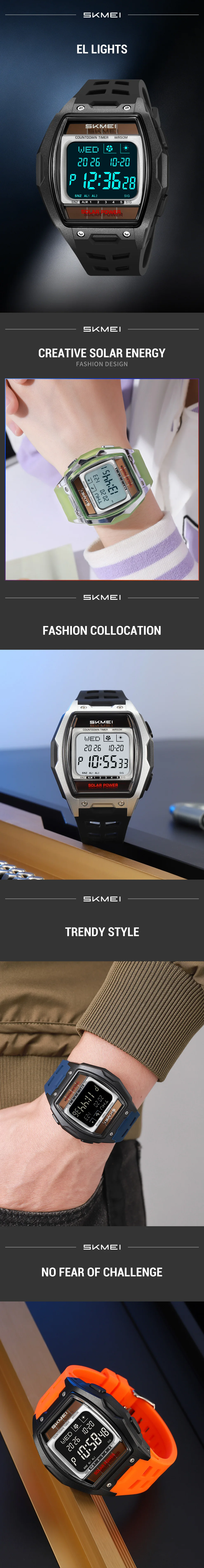 SKMEI 2750 Solar Digital Watch For Men Big Number 5ATM Water Resistant Sports Men Digital Watch EL Light Week Date Outdoor Clock