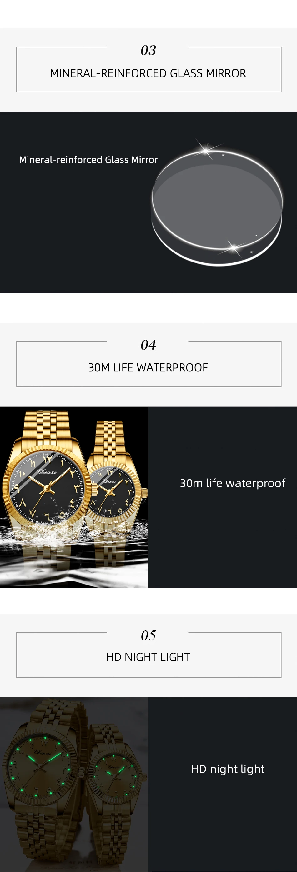 CHENXI 0042 Fashion Couple Lover's Watches 1Piece Stainless Steel Waterproof Luminous Quartz Wristwatch For Lover Women Men