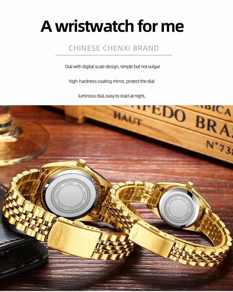 CHENXI 0042 Fashion Couple Lover's Watches 1Piece Stainless Steel Waterproof Luminous Quartz Wristwatch For Lover Women Men